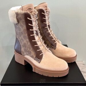 Coach Women's Beige and Brown Lace Up Boots size 8 NWT